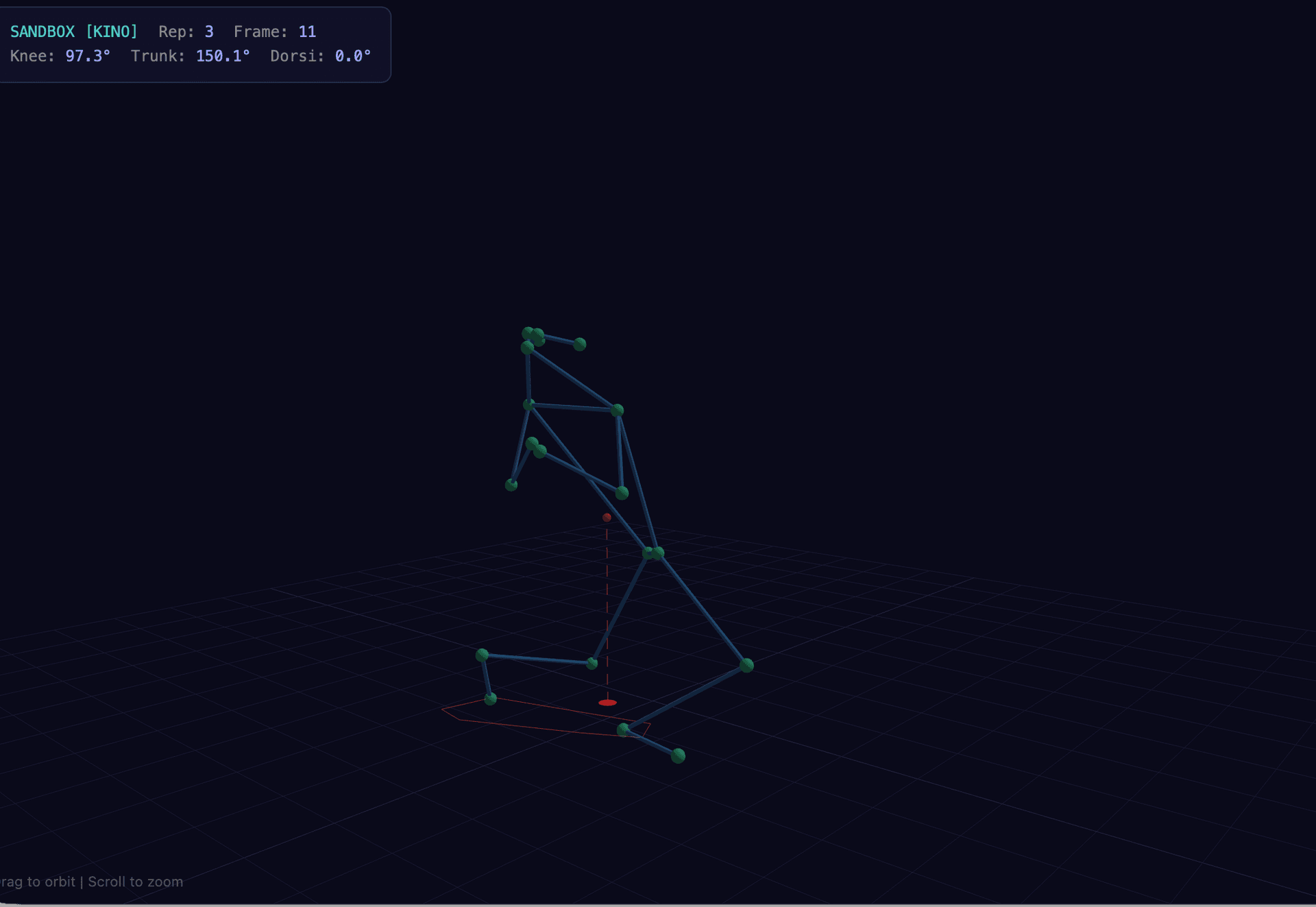 Wide lab telemetry view of the reconstructed skeleton over the floor grid